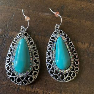 Silver, turquoise earrings with bling